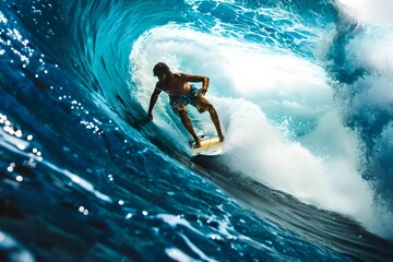 Surfer Riding a majestic Blue Wave in Ocean. Action-Packed Water Sport. Captured with High Texture. Dynamic, Vivid and Exciting. Generative AI