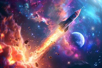 Vibrant Space Odyssey. Rocket Glides Through Cosmic Seas. Stars, Planets, and Meteor Shower. Sci-fi Fantasy Artwork for Posters. Digital Artwork Capturing Universe's Wonders. Generative AI
