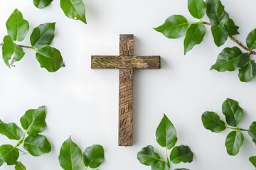 Wooden cross surrounded by fresh green leaves on a white background. Symbol of faith and hope. Spiritual and religious icon. Generative AI