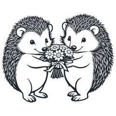 The hedgehog gives a bouquet of flowers to the hedgehog, vector illustration