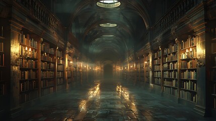 Traverse the hallowed halls of the library, where the soft glow of lamplight illuminates the path...