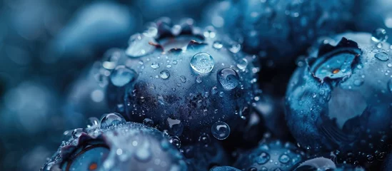 Fotobehang Water droplets on a ripe and sweet blueberry. Fresh blueberries as the backdrop with space for text. Emphasizing a vegan and vegetarian theme. © Vusal
