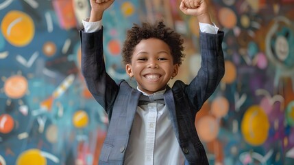 Child's Triumph: Aspiring Young Entrepreneur's Cheer of Victory. Concept Success Story, Young Achiever, Entrepreneurial Spirit, Parental Support, Encouraging Dreams