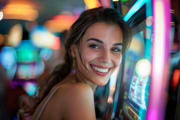 A detailed view of a cheerful woman at a casino, her eyes filled with anticipation as she pulls the lever of a slot machine.