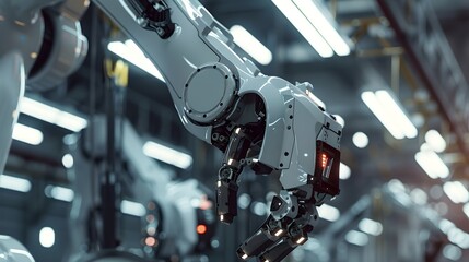 Fototapeta premium Modern Robotic Arm in an Industrial Facility. Automation Technology in Manufacturing. Futuristic Machinery in Production. Industrial Revolution Concept. AI