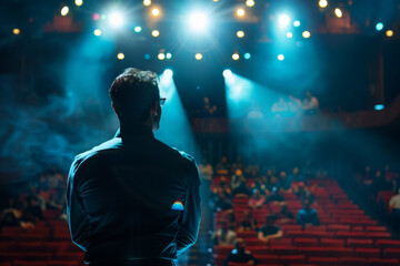 A man stands in front of a crowd of people in a theater