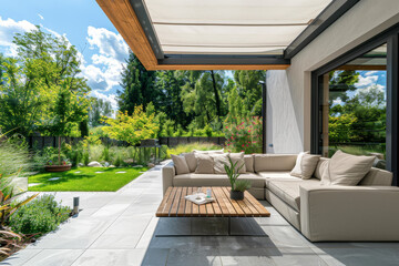 A patio with a wooden table and a white couch