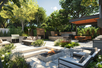 A modern patio on a sunny summer day, complete with comfortable seating and a dining area