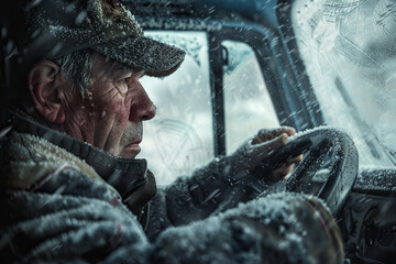 A man is driving a truck in the snow - obrazy, fototapety, plakaty