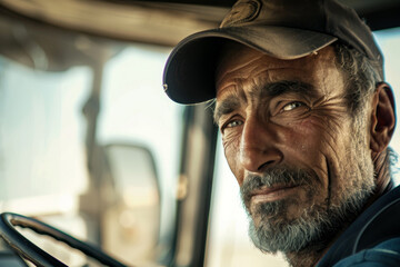 A man with a hat and beard is driving a truck