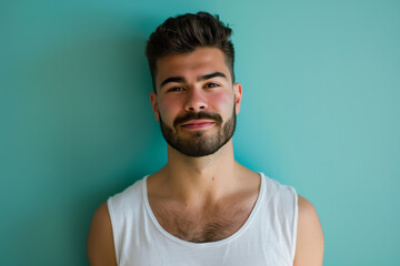 A man with a beard is wearing a white tank top