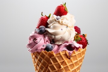 Scoop of Ice Cream With Strawberries and Raspberries AI generated