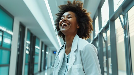 Joyful Afro-American woman doctor laughing, standing in hospital corridor. Happy, fashionable, and