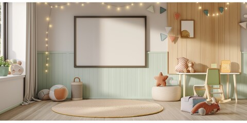 trendy nursery kids room interier with a blank frame on the wall,