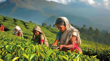 tradition as women hand-pick tea leaves in the scenic tea gardens of India.