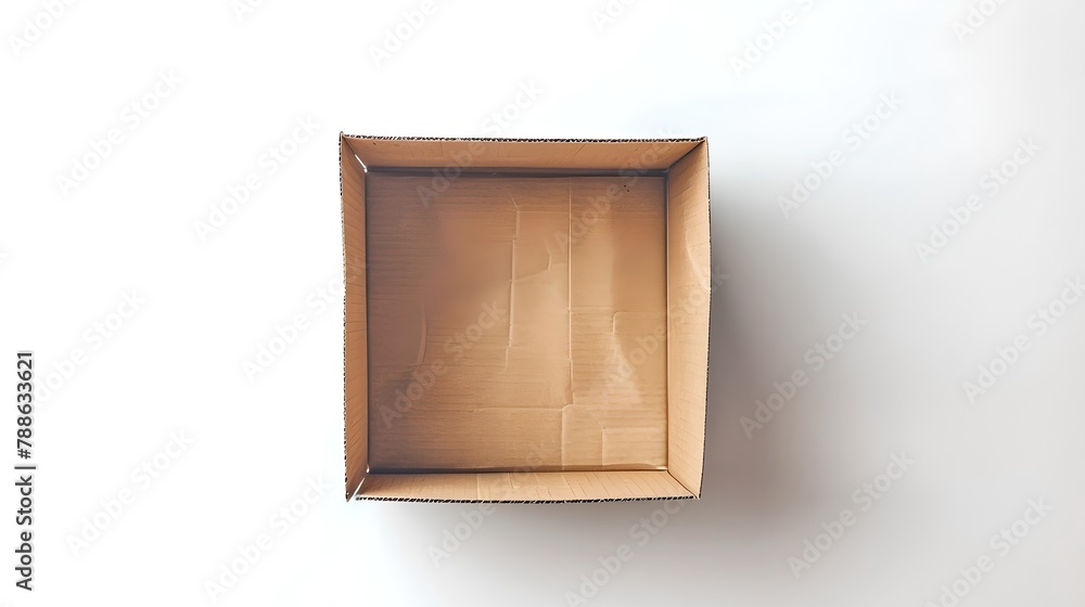 Poster minimalistic top view of an open empty cardboard box on a white background. simplistic packaging con