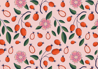 Rosehip and flowers pattern on green background. Design for herbal tea packaging, textile, wallpaper. Botanical and wellness concept. 