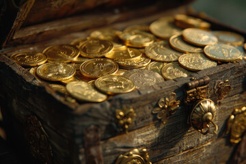 A wooden chest filled with gold coins