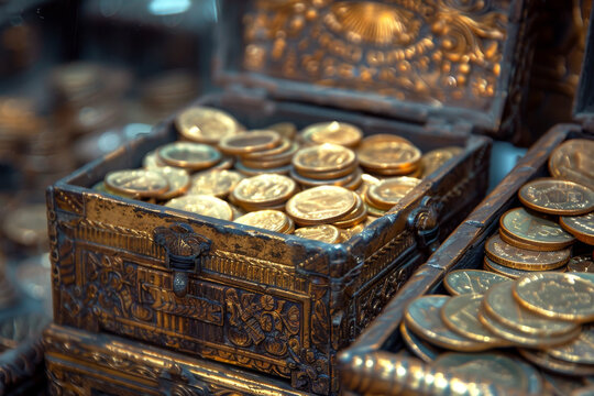 A gold coin box with many gold coins inside