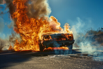 A car is on fire and the flames are shooting out of the back - obrazy, fototapety, plakaty