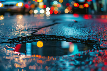 A puddle of water on a street with cars in the background