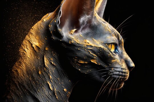 Stunning Close-up of Hairless Egyptian Cat with Gold Paint on Face - Covered in Golden Dust