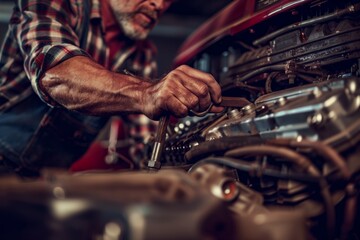 Auto technician fine-tuning an engine with a wrench - obrazy, fototapety, plakaty