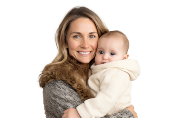 Portrait of mom holding baby with her arms isolated on transparent png background, love moment, newborn sleeping tenderly in arms, cute little infant.