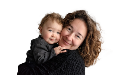 Portrait of mom holding baby with her arms isolated on transparent png background, love moment, newborn sleeping tenderly in arms, cute little infant.