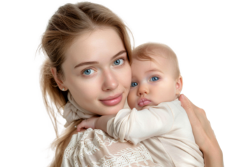 Portrait of mom holding baby with her arms isolated on transparent png background, love moment, newborn sleeping tenderly in arms, cute little infant.