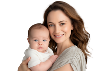 Portrait of mom holding baby with her arms isolated on transparent png background, love moment, newborn sleeping tenderly in arms, cute little infant.