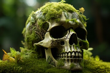 Ethereal Skull moss nature. Park natural. Generate Ai - obrazy, fototapety, plakaty