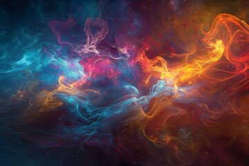 A colorful space scene with a blue and orange swirl - obrazy, fototapety, plakaty