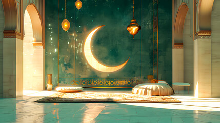 islamic banner background with crescent, lantern and gate in green and gold color. vector...