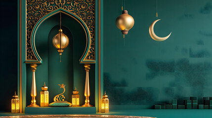 islamic banner background with crescent, lantern and gate in green and gold color. vector...