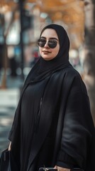 Woman in a black hijab and sunglasses walking in the city.