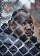 Portrait of a man glaring into the camera from behind a fence.