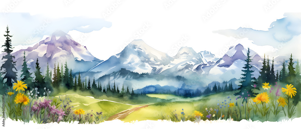 Wall mural Beautiful watercolor illustration of summer landscape with forest and mountains