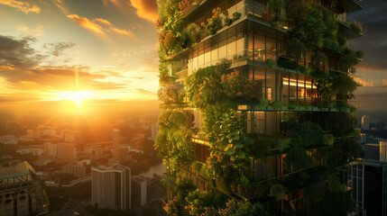Sunset Over a Modern Vertical Garden Cityscape. Generative AI