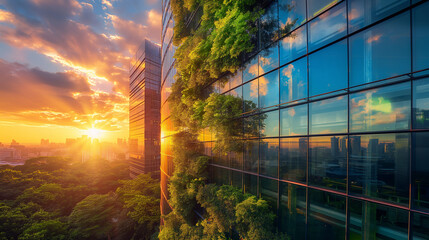 Sunset Over a Modern Vertical Garden Cityscape. Generative AI - obrazy, fototapety, plakaty