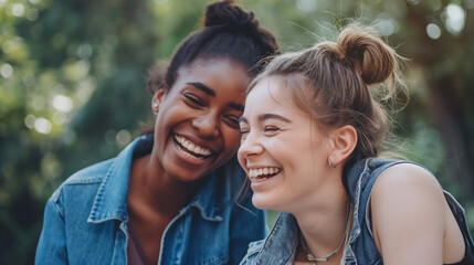 Naklejka premium Two young friends sharing a joyful moment of laughter surrounded by nature.