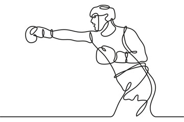 A male athlete boxer in gloves and a helmet is training. One line drawing. Continuous line without break.