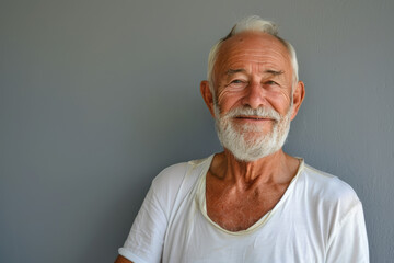 An older man with a beard wearing a white shirt