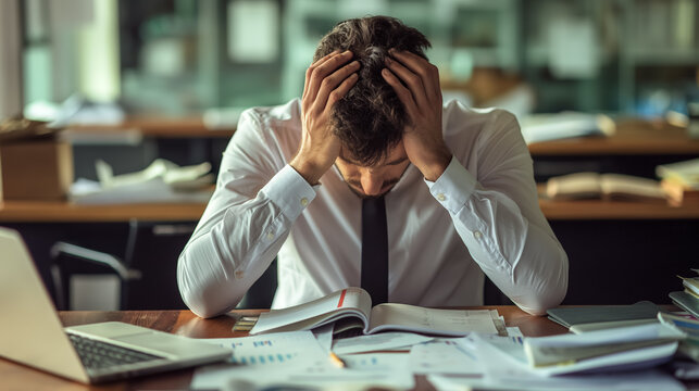 Overwhelmed man holds his head in stress among a chaotic spread of office papers and work.
