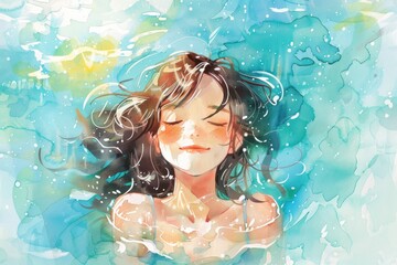 Portrait of a beautiful girl with long curly hair floating on the sea waves. Her eyes are closed, there is a peaceful and dreamy expression on her face.