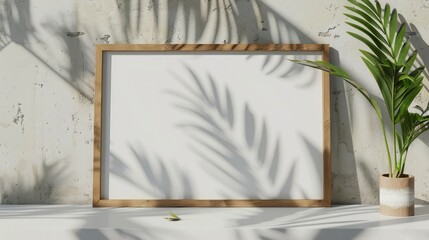 a wooden board and a framed poster mock up with green leaves
