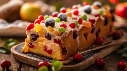 Rich fruitcake topped with candied fruits and berries, presented on a wooden board, oozing holiday festivity.