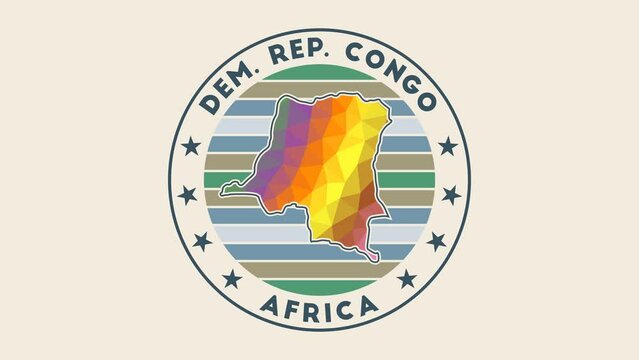 DR Congo intro video. Badge with the circular name and map of the country in low poly tech geometric style. Cool country round logo animation.