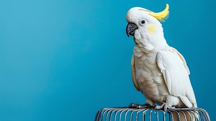 A very nice white cockatoo parrot sitting on the cage on the blue background