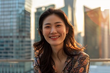cheerful Asian woman in her 30s, smiling brightly